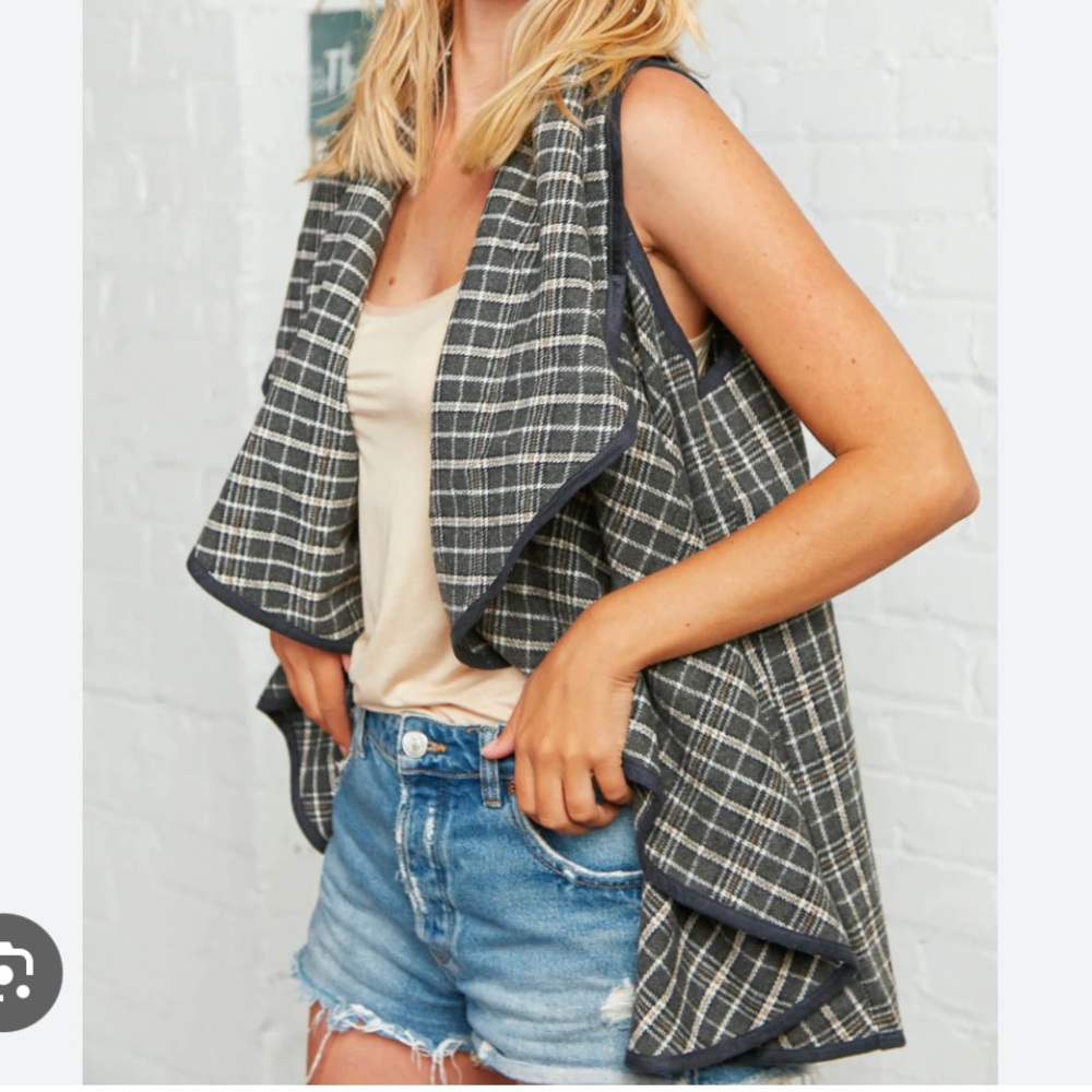 ALTAR’D STATE waterfall front WOOL BLEND plaid VEST gray/neutral LARGE